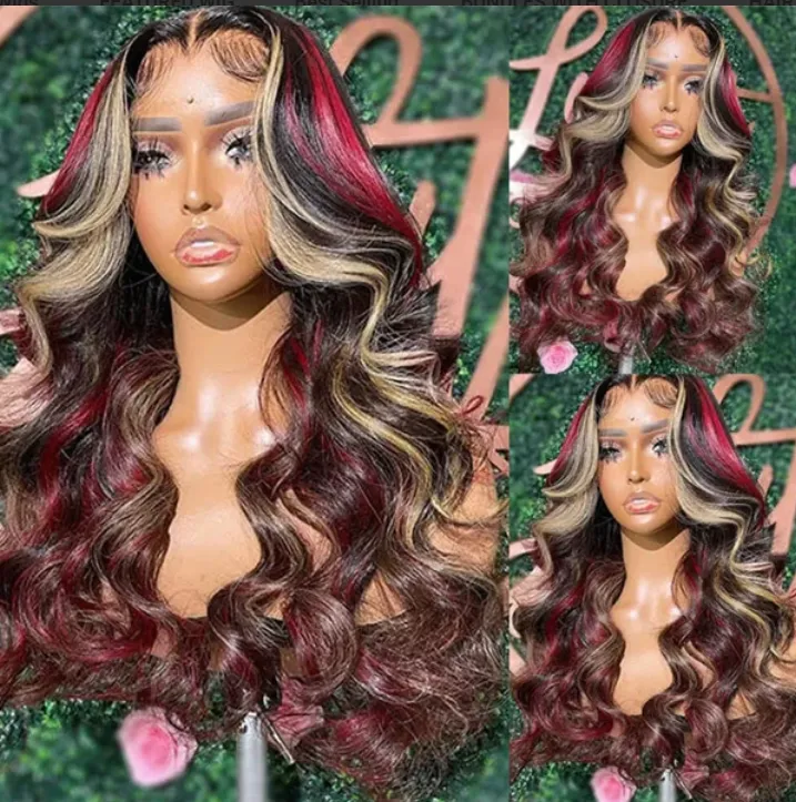 Black With Red & Blonde Highlights Human Hair Wigs Body Wave 13x4 Lace Front Wig