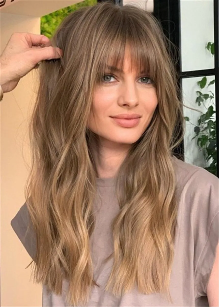 Blonde Balayage Hairstyle Dark Bonde Long Wavy Human Hair Wig WIth Bangs 26 Inches