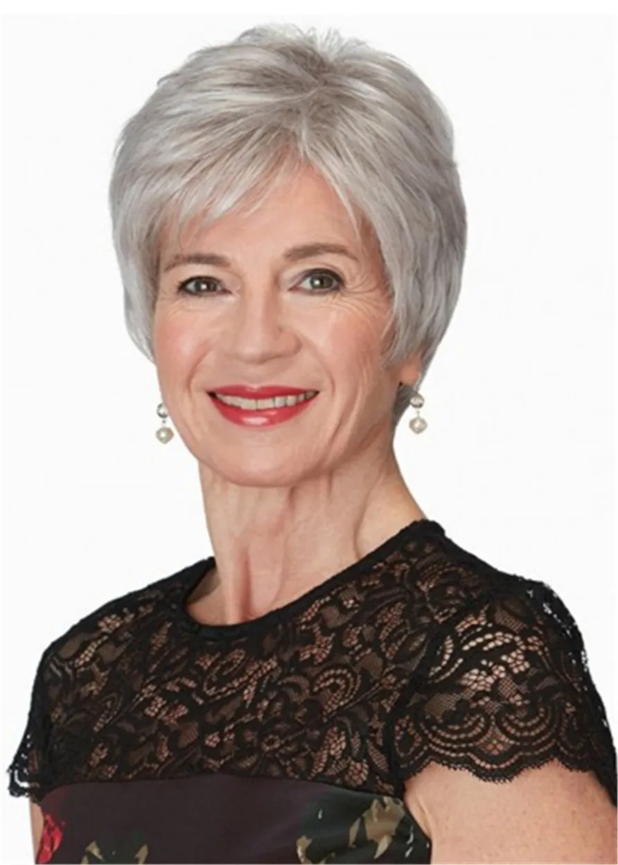 Short Pixie Cut Human Hair Grey Lace Front Wig With Bangs 10 Inches