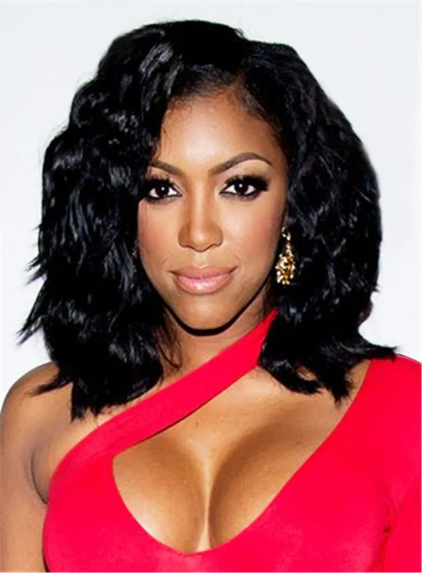 Porsha Williams Loose Bob Black Wave Medium Length Synthetic Hair Lace Front Cap Wigs 14 Inches