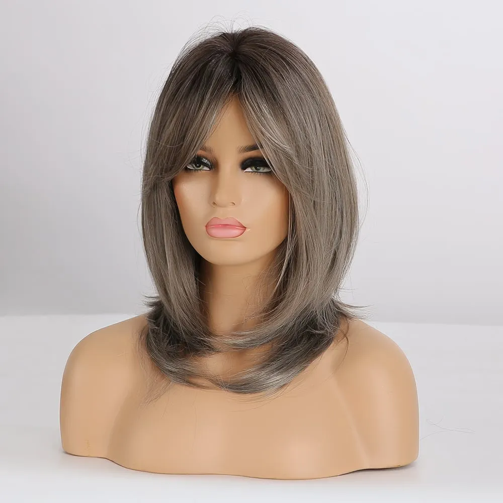 Ombre Grey Layered Synthetic Wigs With Bangs 20 Inches