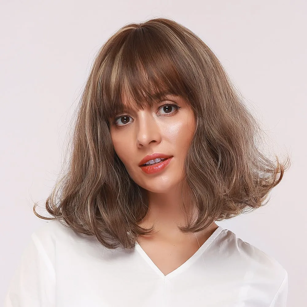 Medium Hairstyle Women's Bob Style Wavy Synthetic Hair Capless Wigs With Bangs 14Inches